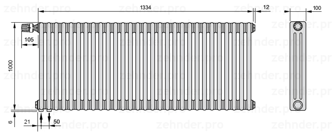 Схема (чертеж) Радиатор Zehnder Charleston 3100/29 №V001 Белый глянцевый RAL 9016
